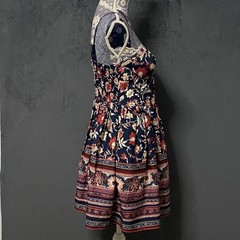 Band of Gypsies Corset Dress Womens L Blue Floral Smocked Sweetheart Fit Flare