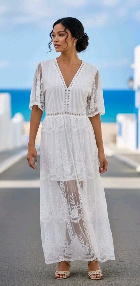 Boho Dress Romantic Sheer Lace Lined Side Slits Wedding Hippie Coquette Size S