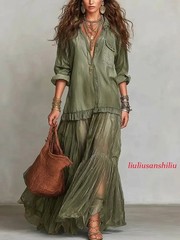 Womens Retro Style Collared A-line Maxi Long Dress Casual A-line Mesh Dresses Sz