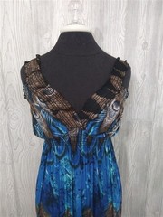 NWT V-Neck Sleeveless Blue & Peacock Print Stretch Maxi Dress Sundress XXL #16