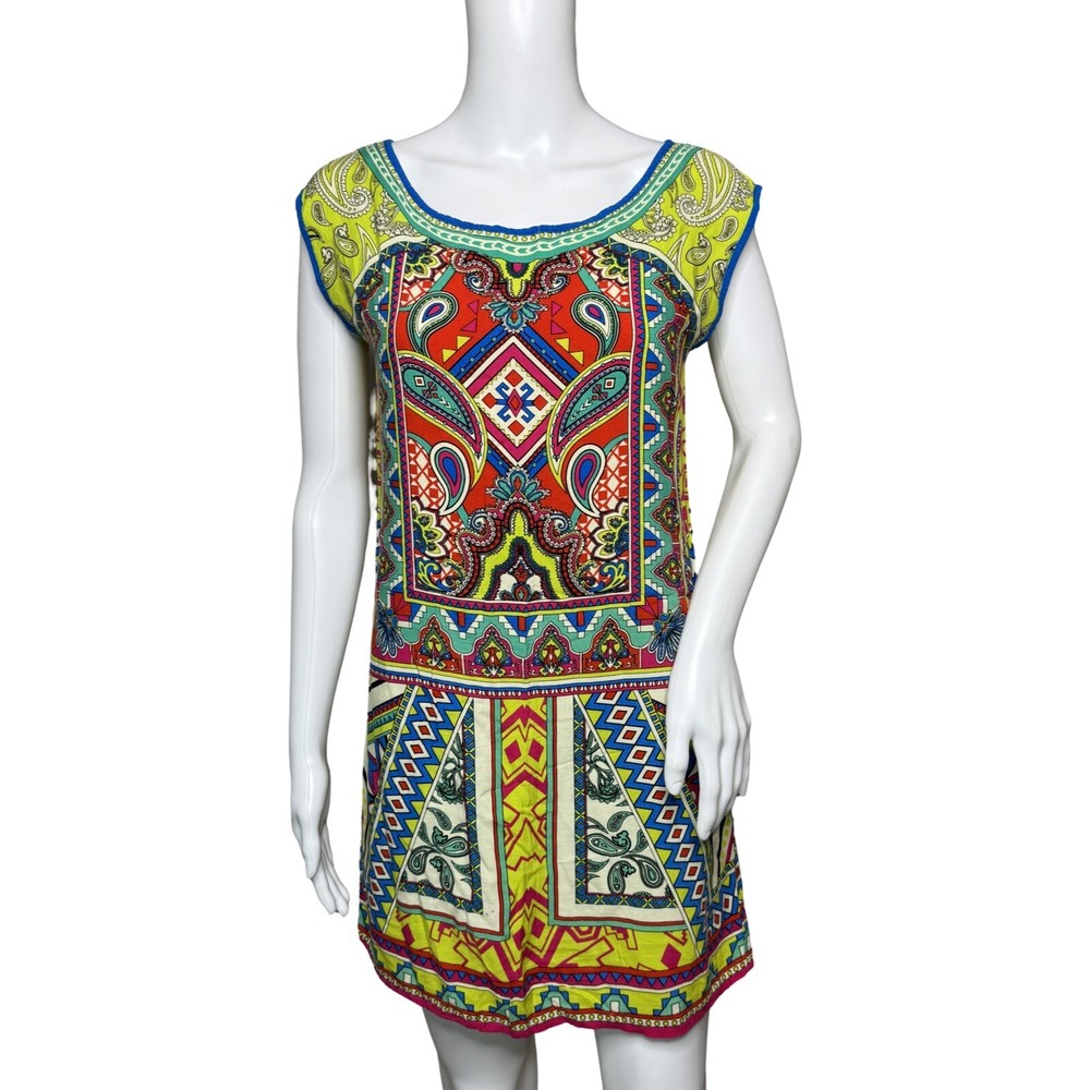 Flying Tomato Dress Womens Small Yellow Red Multi Geometric Shift Mini Colorful