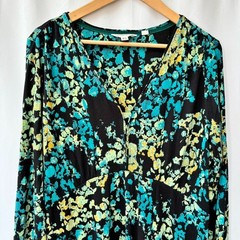 White Stuff Navy Teal Green Print V-Neck Dress UK 18 A-Line Cotton Modal Jersey