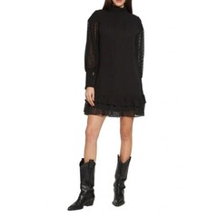 Walter Baker Womens Large Nessy Chevron Ruffle Long Sleeve High Neck Dress Black