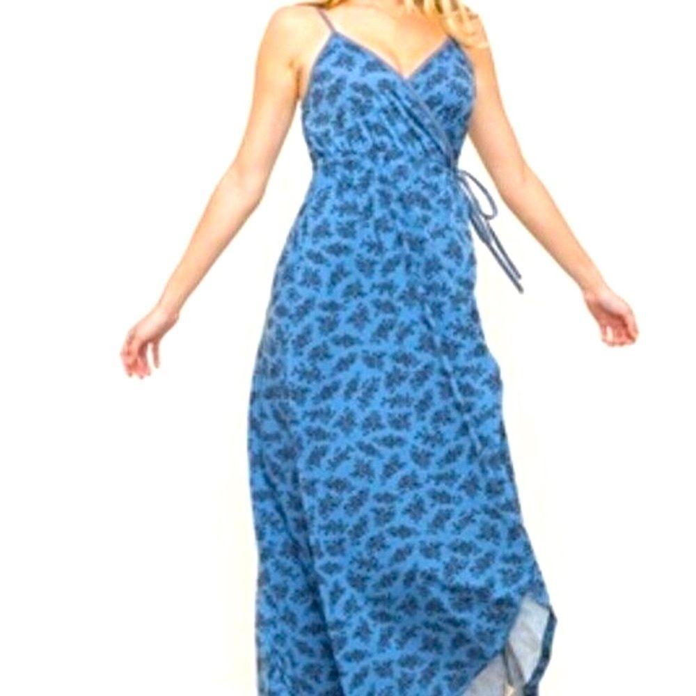 NEW Hem & Thread Feminine Ruffle Sundress Blue Button Tie Wrap Maxi Dress Medium