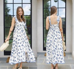 NWOT | Sofie The Label Button-Front Tie-Straps Floral Midi Dress w/ Pockets | M