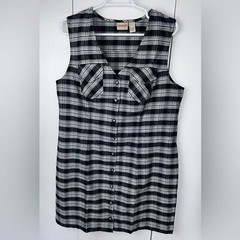 Crossroads Plaid Button Down Dress Chest Pockets Size Large Black Gray White