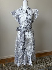 New York & Company White Black Floral Chiffon Collared Button Belted Midi S