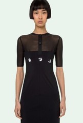 Off White Sheer Stretch Reversible Black Logo Zipper Midi Knee Dress Bodycon S