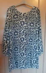 VOULEZ VOUS navy white China print zip back 60s tunic satin look size S UK10 NWT