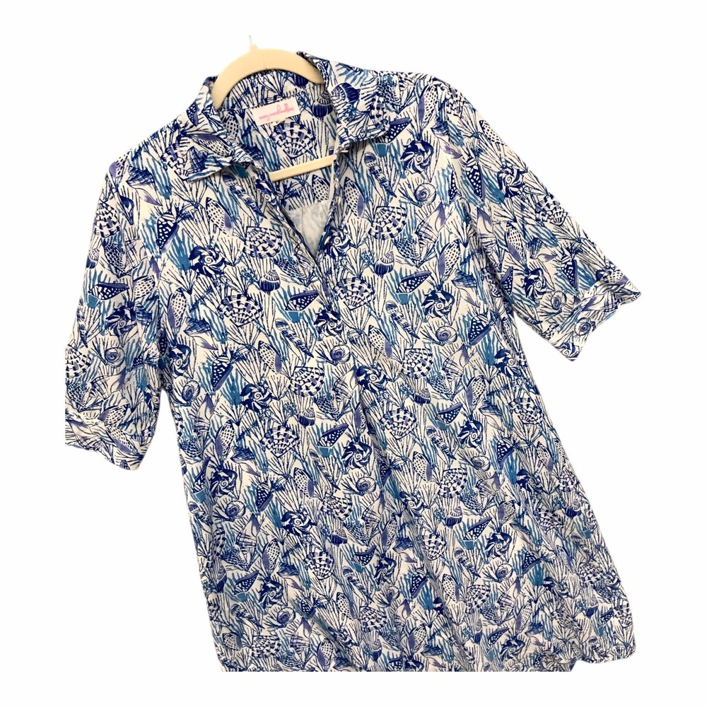 Mary Marshmallow Shell Print Popover Dress Blue Lightweight Cotton Coastal Sz XS