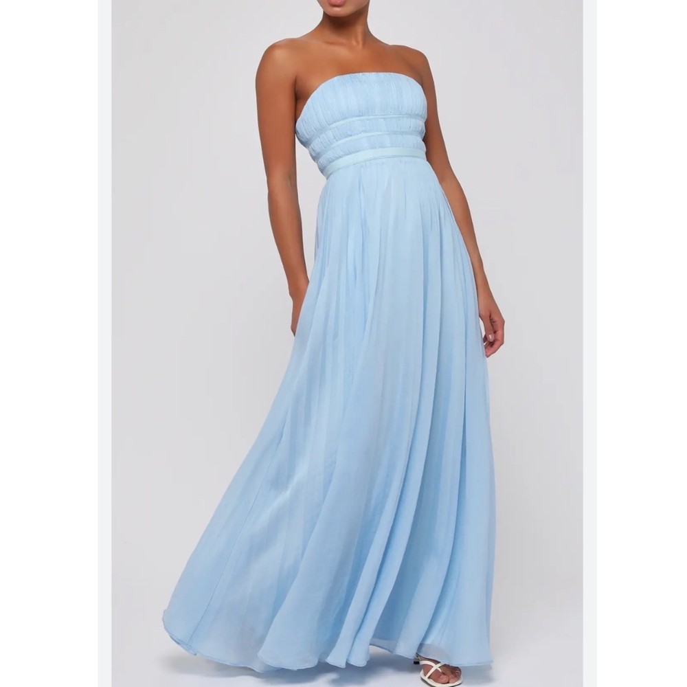 Lulus Calais Strapless Pleated Light Blue Maxi Dress New!