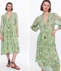 ZARA WOMAN GREEN TASSELS POM POM PRINTED SHIMMERY MIDI KAFTAN DRESS SIZE L
