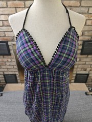 Self Esteem Vtg Y2K Plaid Halter Babydoll Mini Dress Womans Sz Med Pom Pom Trim
