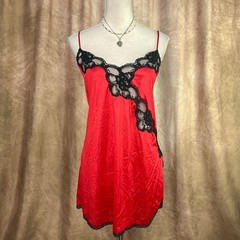 Vintage Lace Slip Dress 90s Red Satin Mini Sheer Floral Romantic Goth Lingerie