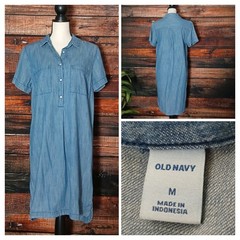 Old Navy Shirt Dress Size M Blue Denim Chambray Short Sleeve 100% Cotton