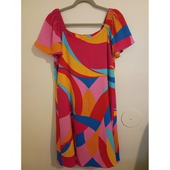 Robbie Bee Pink Red Orange Blue Yellow Abstract Off-Shoulder Mini Dress Sz M