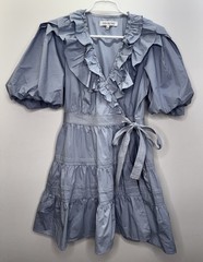 Sofie The Label Balloon Sleeve Mini Wrap Dress Dusty Blue Surplice Neckline S