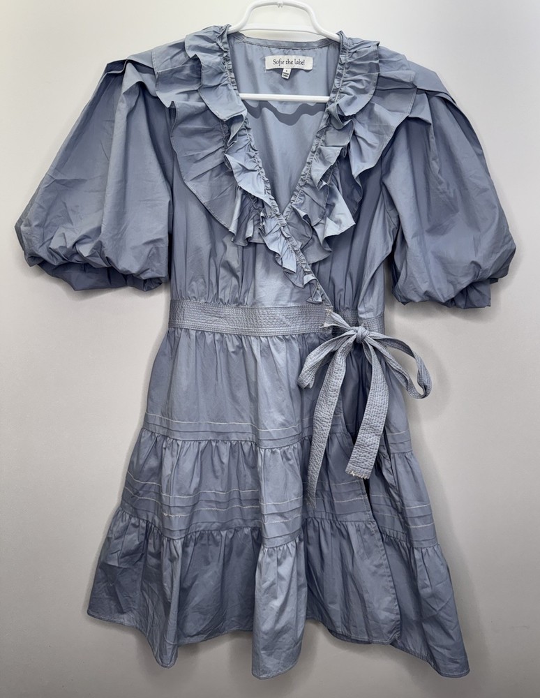 Sofie The Label Balloon Sleeve Mini Wrap Dress Dusty Blue Surplice Neckline S