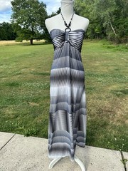 Black/White/Gray Striped Halter Ring Stretch Maxi Dress S