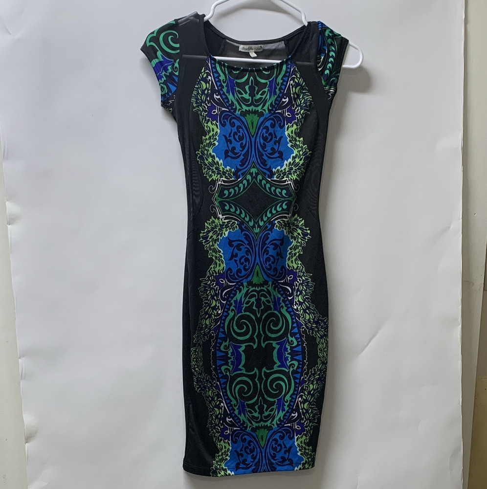 Charlotte Russe Black Blue Green Paisley Scoop Neck Cap Sleeve Sheath XS