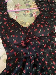 Black Cherry Floral Puff Sleeve Fit & Flare Short Dress Sweetheart L