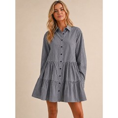 MIOU Muse Navy Stripe Ruffle Preppy.Shirt Dress Cotton Tiered Babydoll Size M