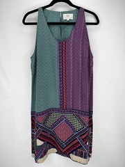 100% Silk Shift Mini Dress Medium Patchwork Geometric Tropical VNeck Sleeveless