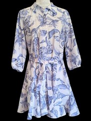 Cynthia Steffe Shirt Dress Classic Blue Chintz Print Gored Skirt Optional Belt