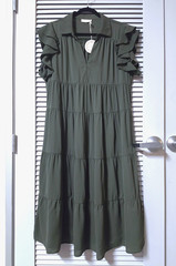 Dk green ruffle shoulder collar tiered long dress 1XL