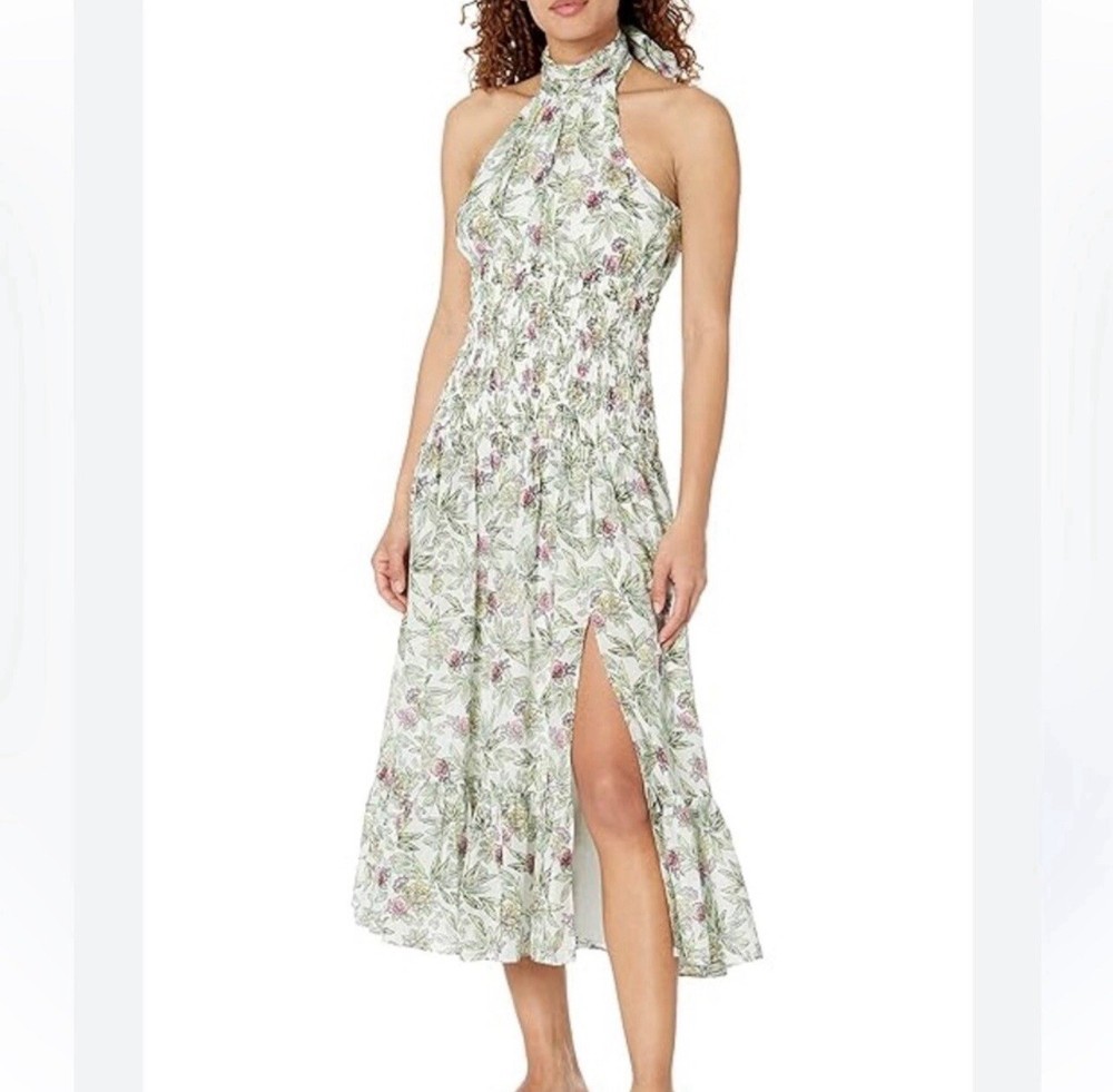NWT cinq a sept SILK Blend Dover Halter Neck Midi Dress Smocked Waist Size 6