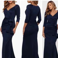 Xscape Midnight Blue Ruched Scuba Ruffle Gown Size 6 $248