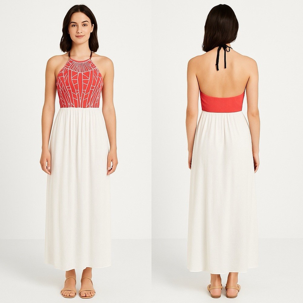 Jealous Tomato Geometric Embroidered Halter Maxi Dress S Boho Coastal Beach Y2k