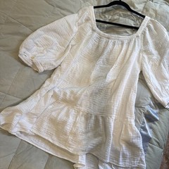 LOFT White Shift Dress Cotton Crinkle Square Neck 3/4 Sleeve Ruffle Hem XL
