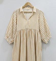 Kyra Midi Dress Hand Block Stripe Print Women Cotton Floral Boho Casual Wear