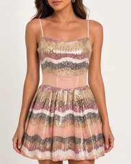 Women&rsquo;s XS Pink Gold Silver Striped Metallic Sequin Square Neck Mini Dress