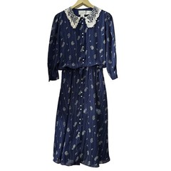 Liz Roberts Womens Size 8 Navy Paisley Lace Collar Long Sleeve Midi Dress Korea