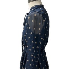 LUCCA COUTURE Womens Polka Dot Fit Flare Dress SZ XS Navy Bow Neck Long Sleeve