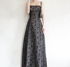 Black Floral Mesh Beaded Lined Maxi Dress Straight Neck Lace-Up Back