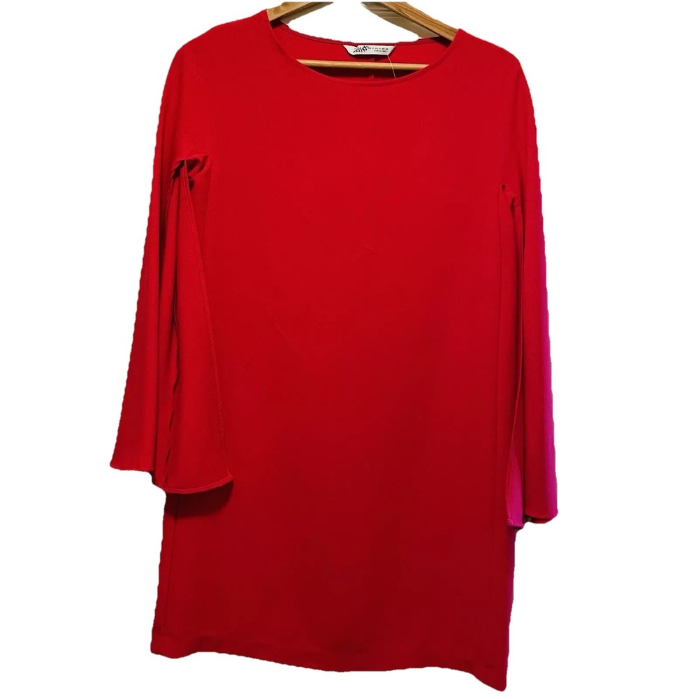 ZARA Red Tunic Split Bell Sleeves Shift Dress Sz S