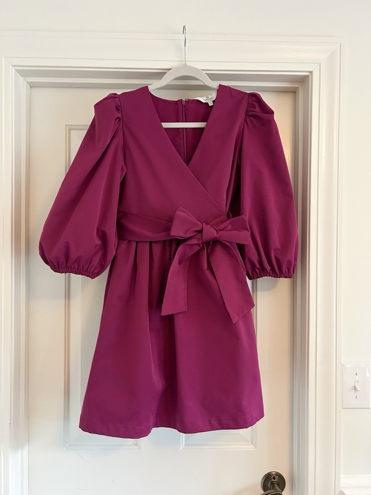 LaRoque Solid Purple A-Line Short Dress V-Neck Puff Sleeve Bow Tie Waist S