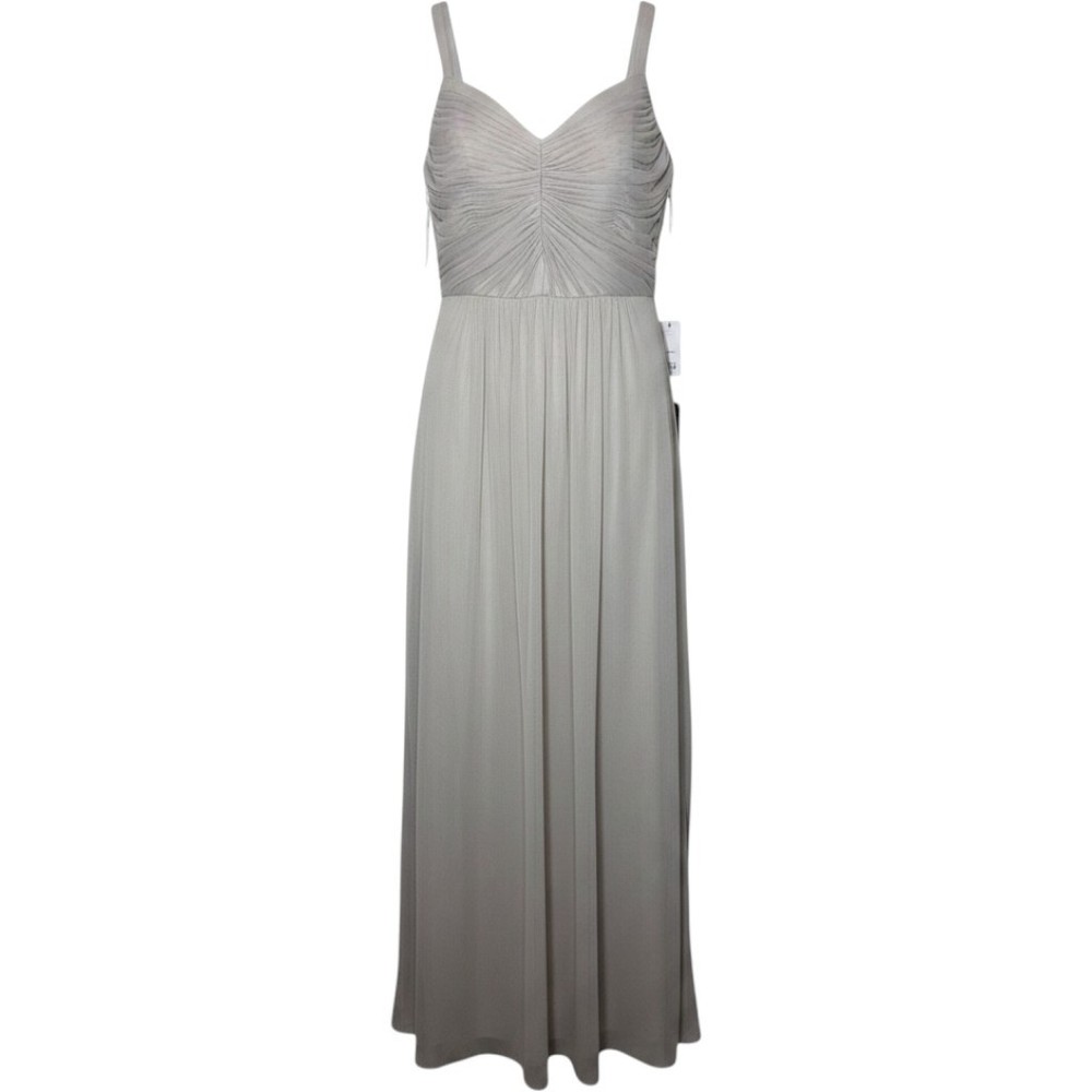 Alfred Sung Gray Ruched V-Neck Keyhole Back Formal Bridesmaid Maxi Dress NEW