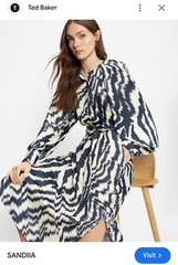 Ted Baker Sandiia Midi Dress Cuffed Sleeve Blue & White Sz 0 (approx US 2)