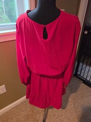 Pink Solid Round Neck Long Sleeve Elastic Waist Ruffle Mini Dress Women L