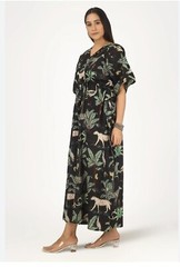 Just Darving Jungly Kaftan Dress Navy Exotic Animal Print & Palm Leaves – One Si