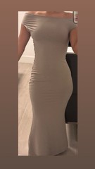 Off Shoulder Ruched Stretch Bodycon Maxi Dress, Beige Solid Jersey, Size XXS