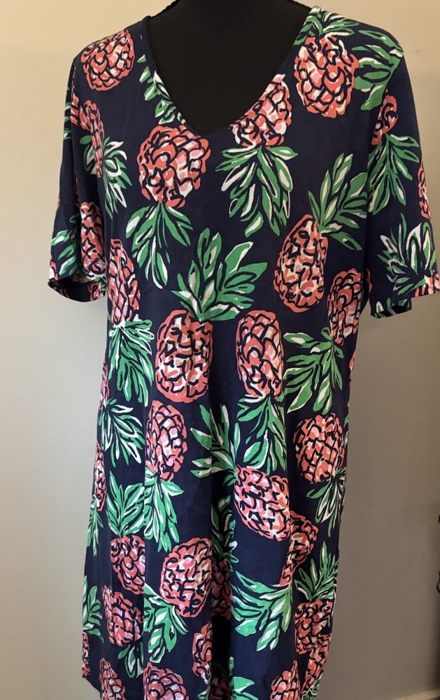 Draper James Women’s Dress M Navy Pink Green Pineapple V-Neck Short Sleeve XL
