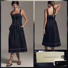 Pilcro Anthropologie Square Neck Bustier Midi Dress Black Onyx XL NWT $178