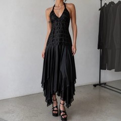 Vtg BCBG Maxazria Silk Maxi Dress Size 8 Whimsigoth Fairy Y2K Asymmetric Halter