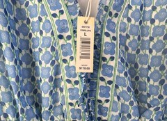 Max Studio $178 Georgette Cream/Blue Poppy Buds Smocked Waist Maxi Dress NWT
