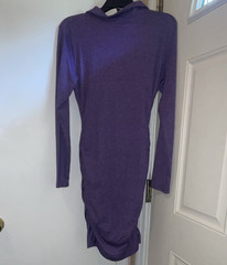 Fitted Purple Ruched Stretch Bodycon Dress Collared Long Sleeve Knee Size M